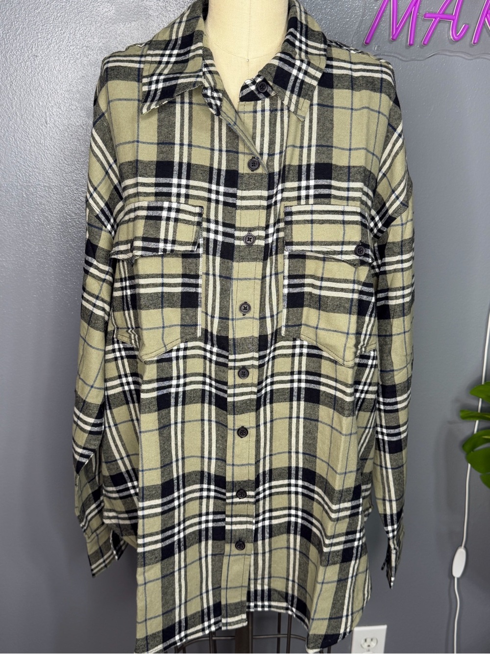 Plaid Button-Up Shacket in Olive Green